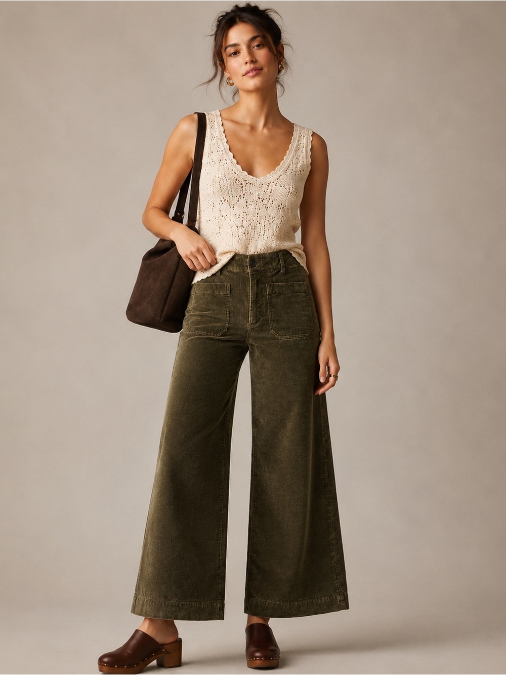 Anthropologie Maeve The Colette Pants Wide-Leg Corduroy Moss Olive Brown 27